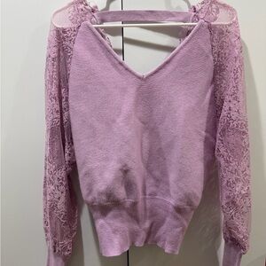 Lace-Sleeve V-Neck Sweater in Soft Lavender
